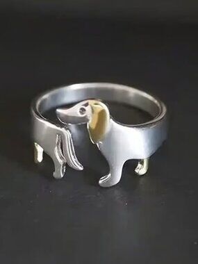 One Size Adjustable Silver (with Bronze) DACHSHUND Dog Ring